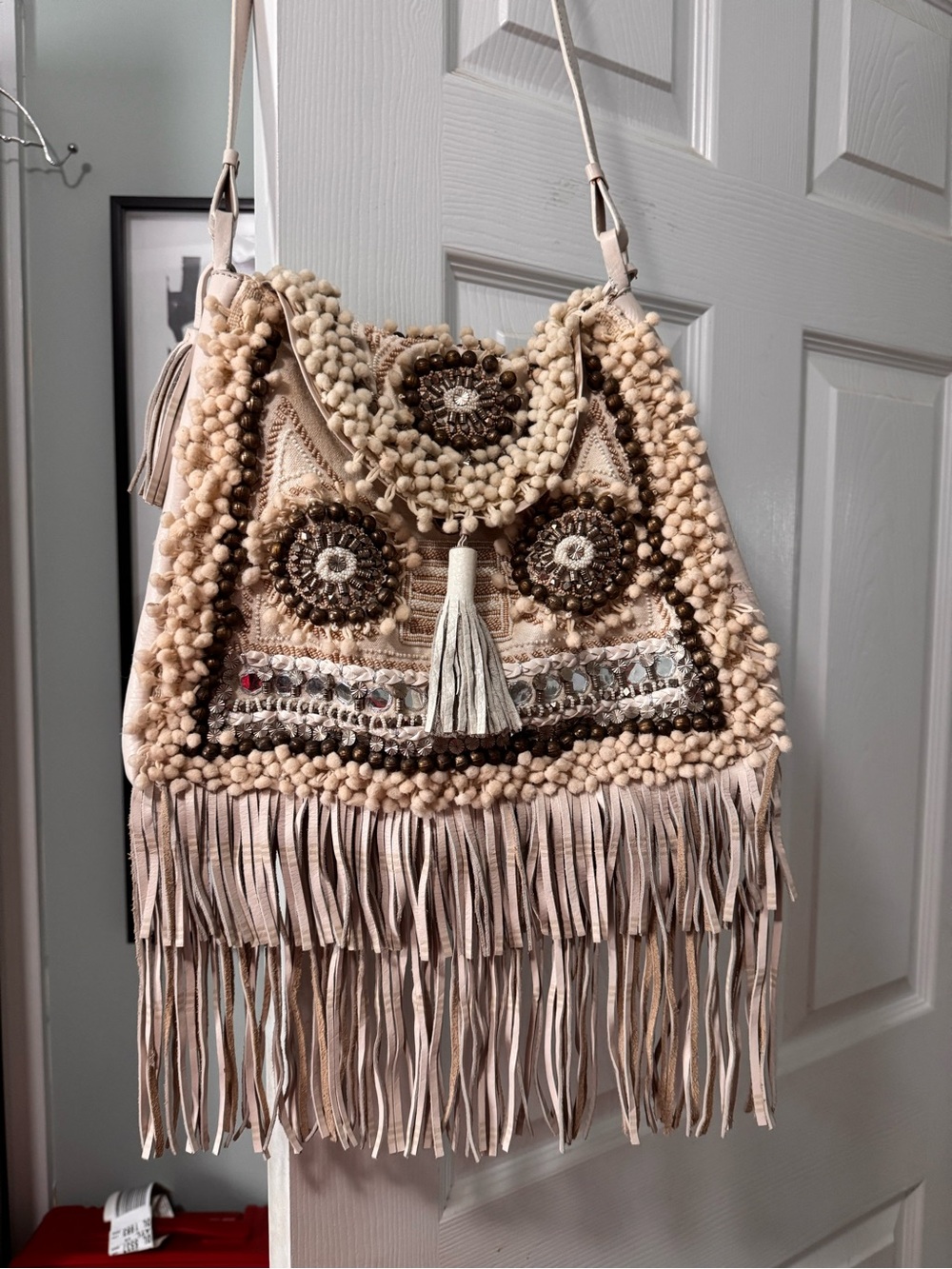 Boho Fringe Embellished Shoulder Bag - Beige
